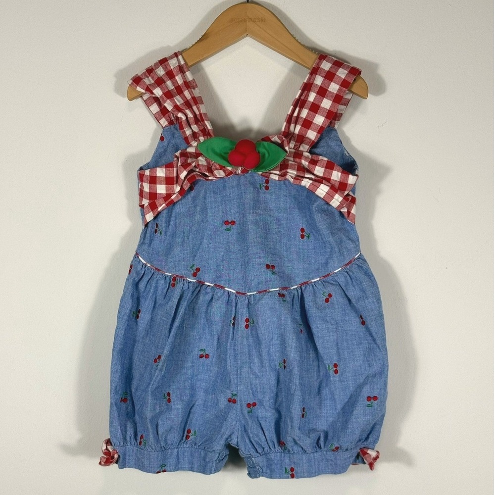 Vintage Cherry Embroidered Chambray Bubble Romper Gingham Bow Toddler 3 832529 - Picture 1 of 12